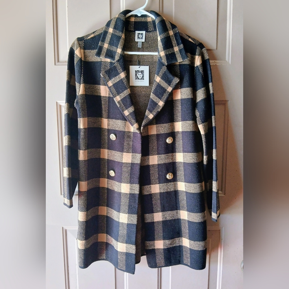 Anne Klein Black and Cream Plaid Pea Coat
